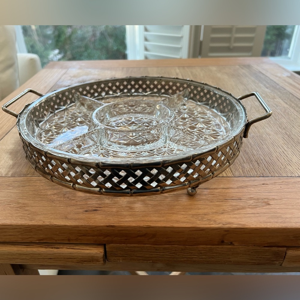 5-Part Relish Dish pressed glass W/ Metal Caddy